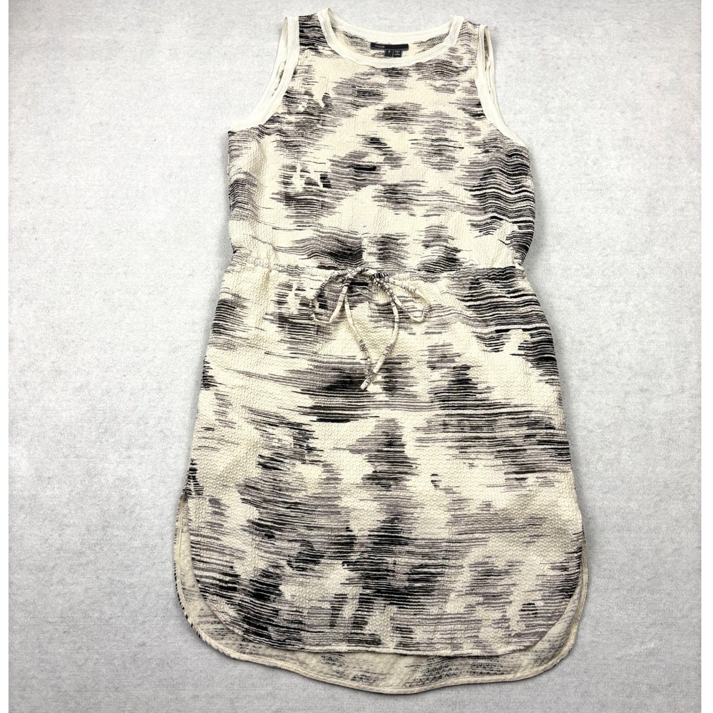Vince Abstract Brushstroke Print Crinkle Silk Drawstring Dress Womens Small Gray